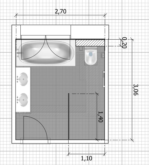 Badezimmer-Grundriss: Badewanne links, Toilette rechts, zwei Waschbecken links, Tür unten.
