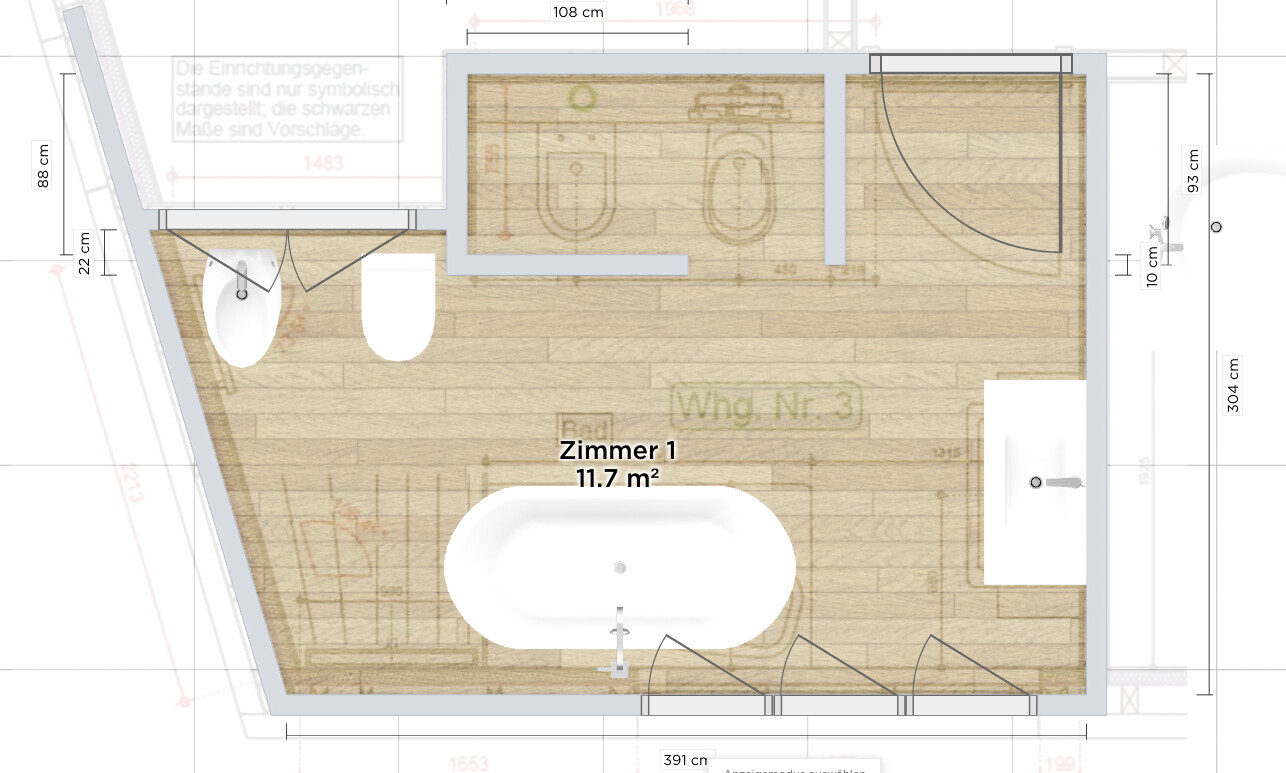 Grundriss Badezimmer in Zimmer 1: Badewanne in Mitte, Toilette links, Waschbecken rechts.