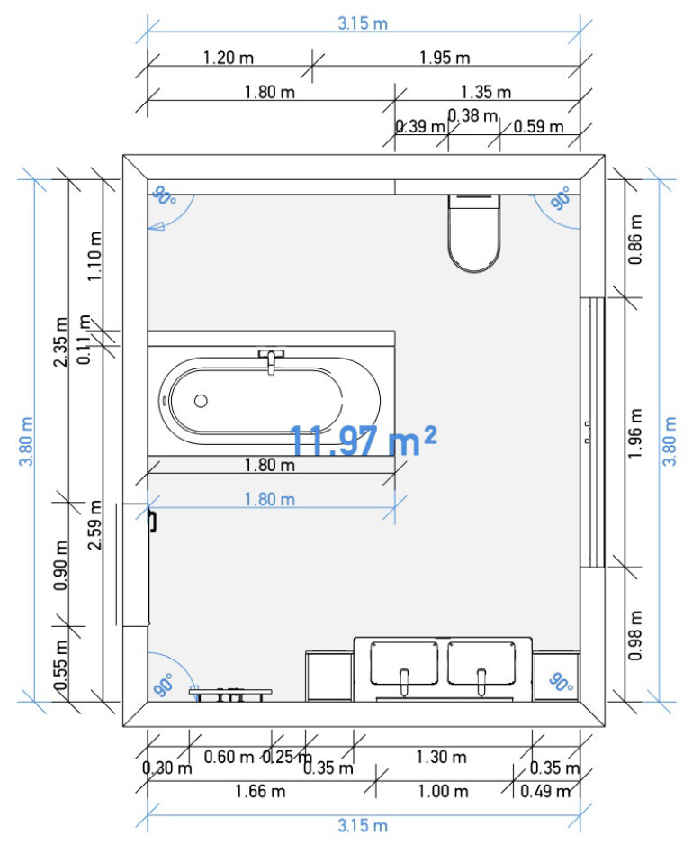 Badezimmer Grundriss mit Badewanne, Toilette und Waschbecken, Maßangaben im Plan