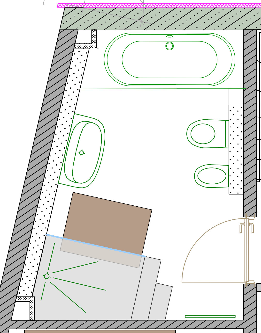 2D-Badezimmer-Grundriss mit Badewanne, Toilette und Waschtisch