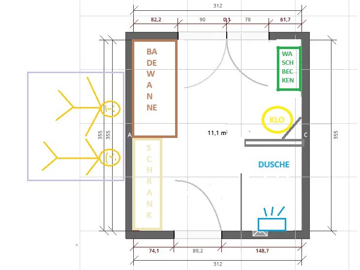 Grundriss eines kleinen Badezimmers mit Badewanne, Waschbecken, Toilette (Klo) und Dusche.