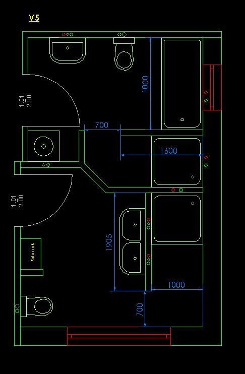 Badezimmer-Grundriss mit Badewanne, Dusche, Toilette, zwei Waschbecken und Türen