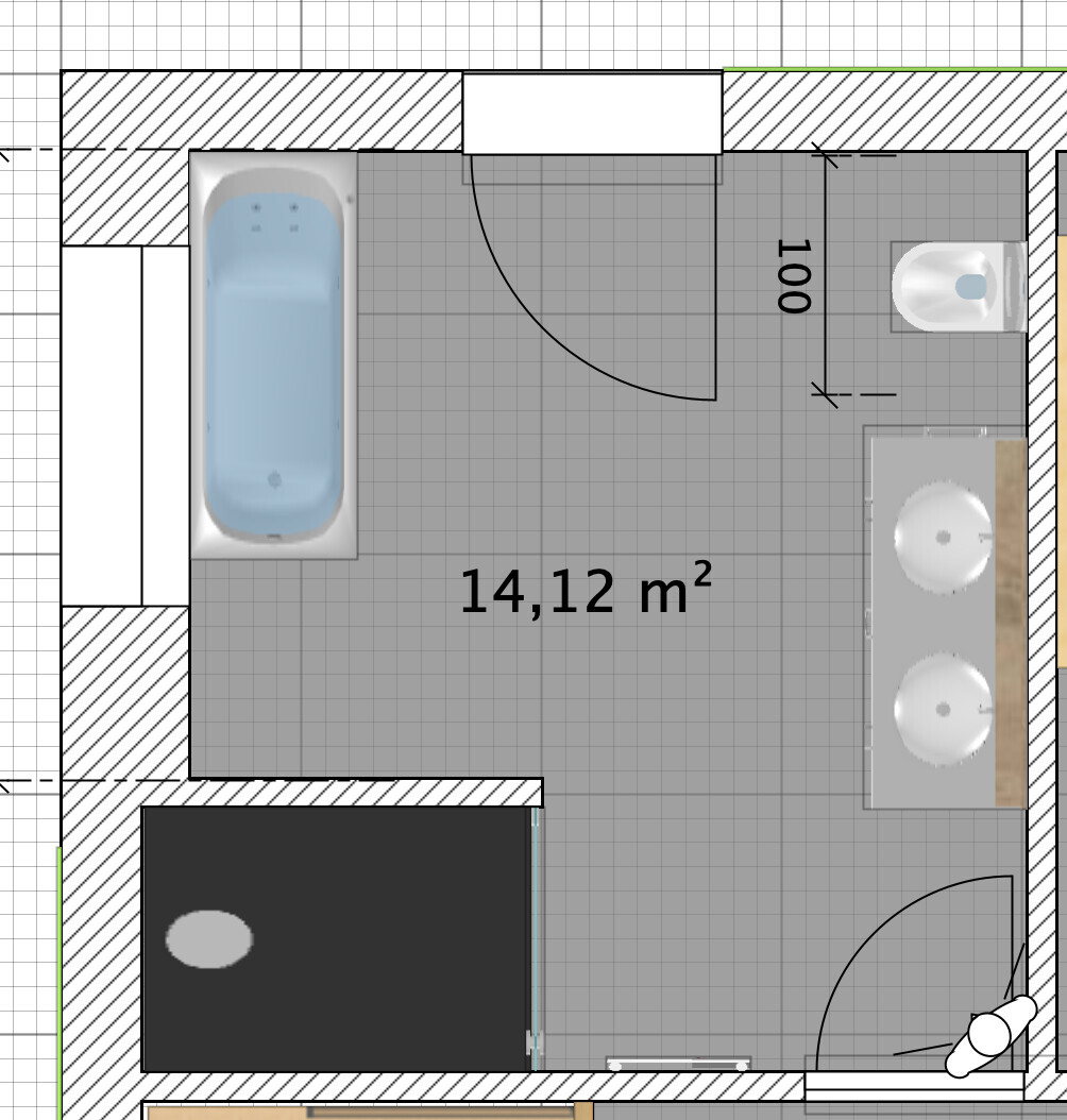 Badezimmer-Grundriss: Badewanne links, Doppelwaschtisch rechts, Toilette oben rechts