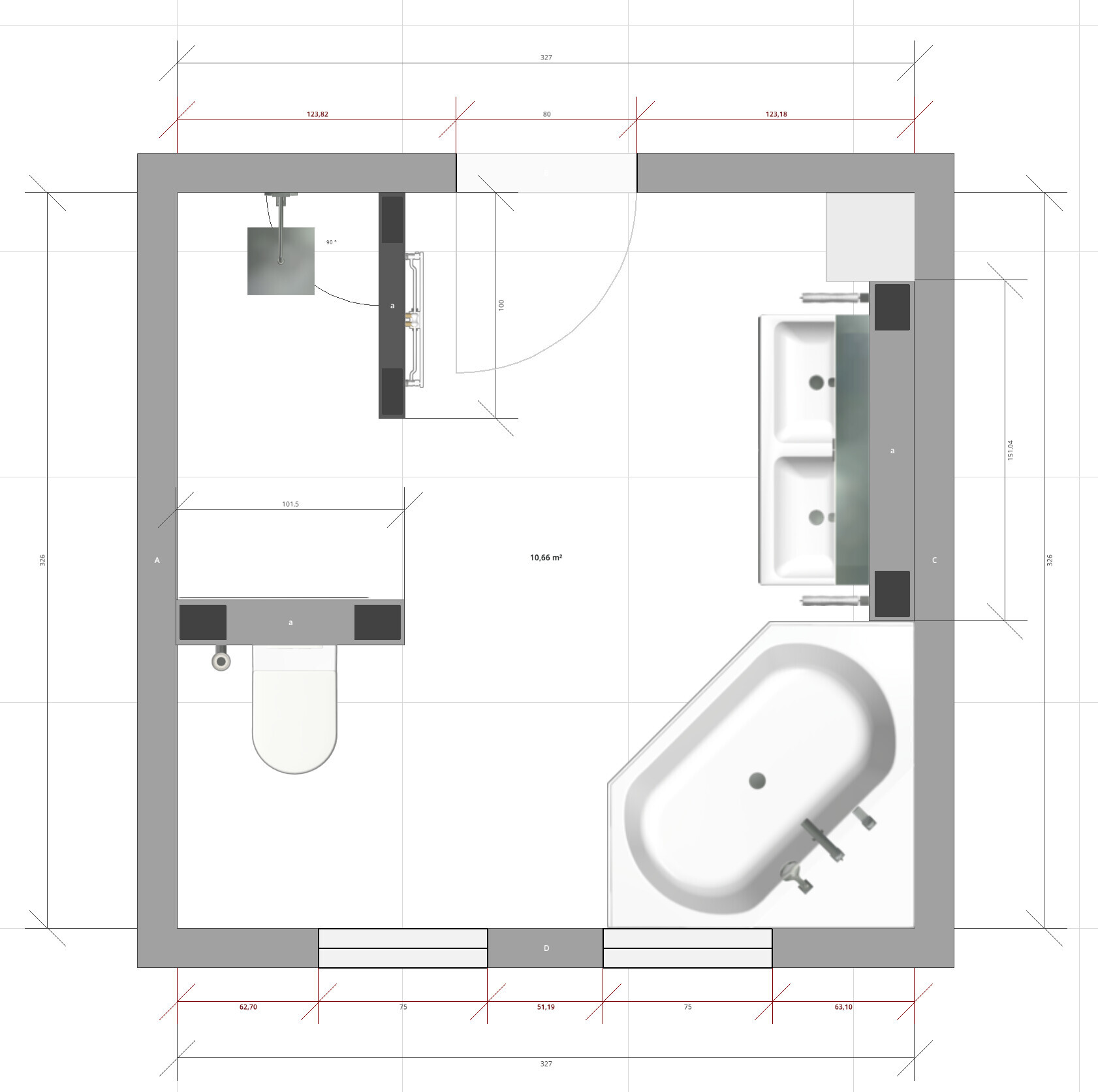 Grundriss eines Badezimmers mit Badewanne, Waschbecken, Toilette und Dusche; Maßlinien.
