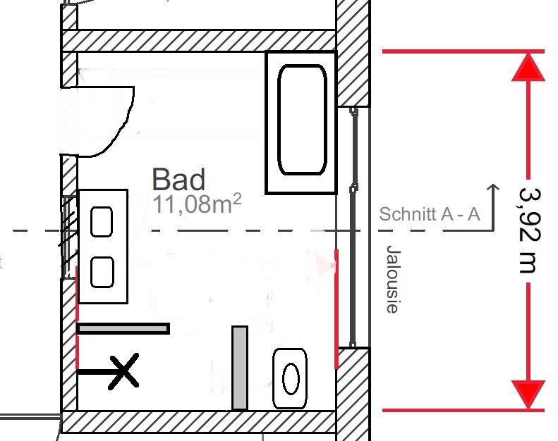 2D-Badgrundriss mit Badewanne, Waschbecken und Toilette auf Plan