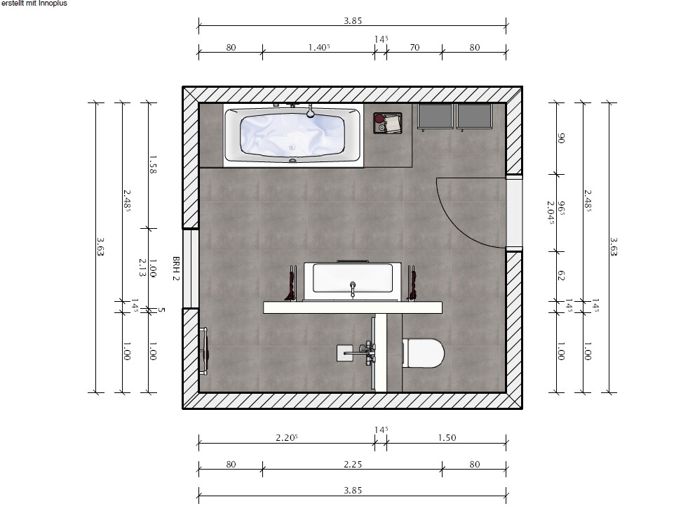 Badezimmer-Grundriss mit Badewanne, Waschbecken und Toilette auf Planzeichnung