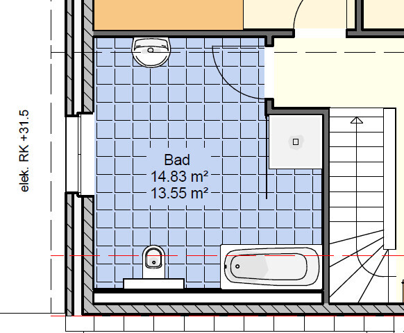 Badezimmer-Grundriss mit Badewanne, Toilette und Waschbecken auf blauem Fliesenboden