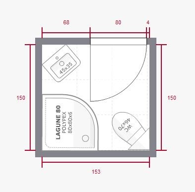 Kleiner Badezimmer-Grundriss mit Dusche, WC und Waschbecken, Maßlinien sichtbar