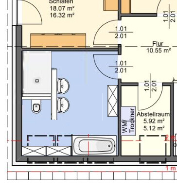 2D-Badgrundriss mit Badewanne, Toilette und Waschbecken im Grundrissplan