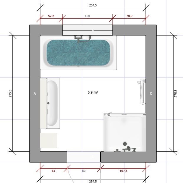 Bad-Grundriss eines Badezimmers: Badewanne oben, Waschbecken links, Toilette unten rechts.