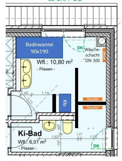 2D Grundriss eines Badezimmers mit Badewanne, Dusche, Waschbecken und Toilette