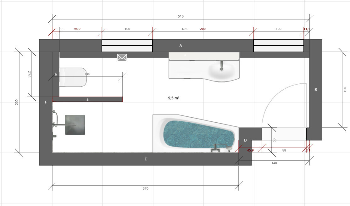 Grundriss eines Badezimmers mit Badewanne, Waschbecken, Toilette und Tür