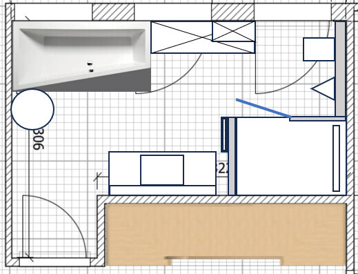 Grundriss eines Badezimmers im Plan mit Badewanne und Waschbecken