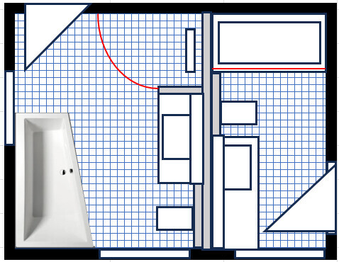 Badezimmergrundriss mit Badewanne links, Doppelwaschbecken rechts, Türbogen sichtbar.