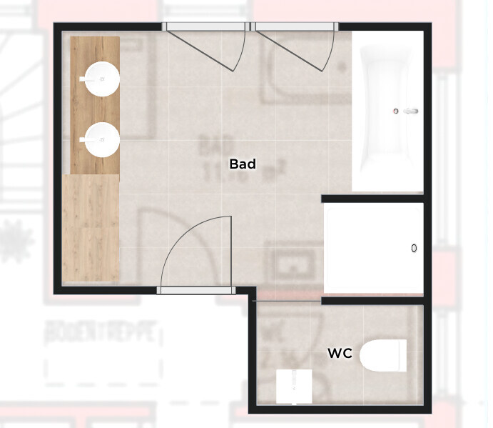 Grundriss eines Badezimmers mit Waschbecken, Badewanne und WC.
