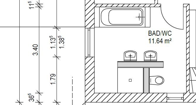 Grundriss eines Badezimmers mit Badewanne, Waschbecken und Toilette (BAD/WC, 11,64 m²)