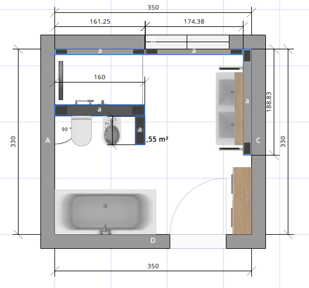 Grundriss eines Badezimmers: Badewanne unten links, Toilette links, Waschbereich oben, Schrank rechts
