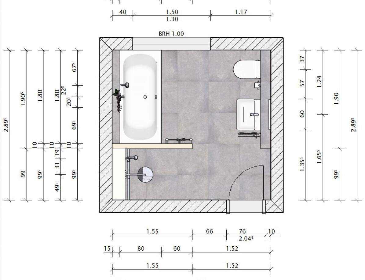 Badezimmer-Grundriss: Badewanne links, Dusche unten links, Waschbecken und Toilette rechts, Tür.