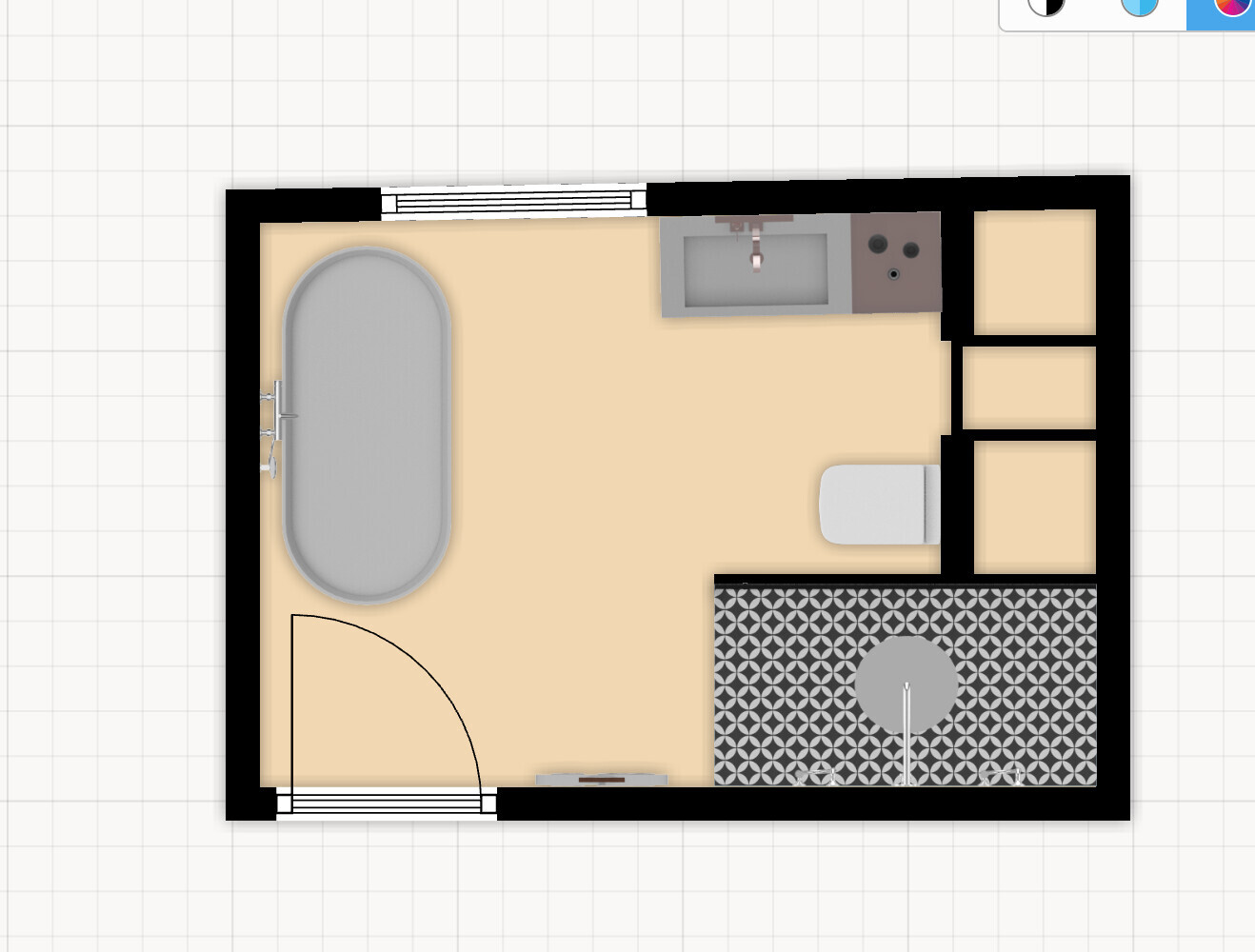 Grundriss eines kleinen Apartments: Badewanne links, Spüle/Kochfeld oben, Toilette rechts.