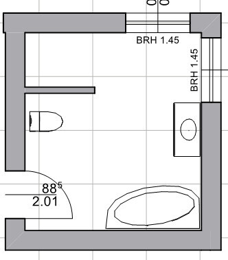 2D Badgrundriss mit Toilette, Badewanne und Waschbecken im Grundrissplan