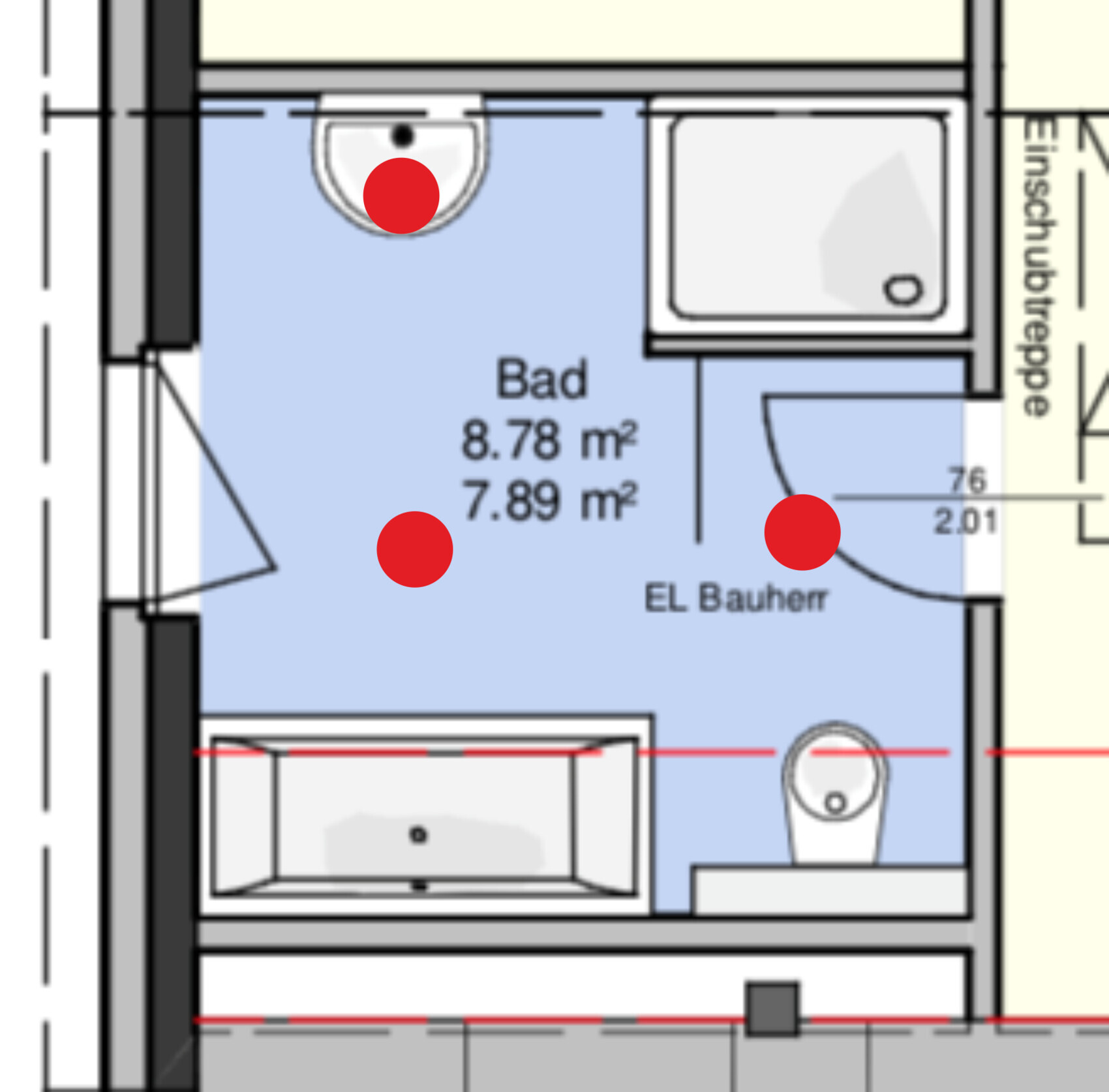 Grundriss eines Badezimmers: Bad mit Badewanne unten links, Waschbecken oben links, Toilette rechts.