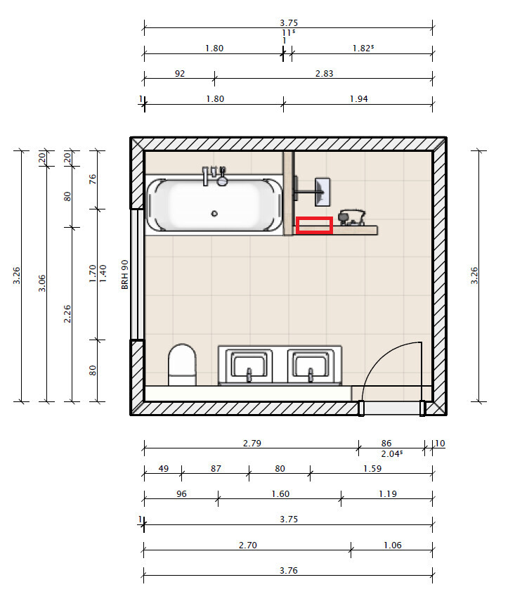 Grundriss eines Badezimmers mit Badewanne, Toilette und Doppelwaschtisch