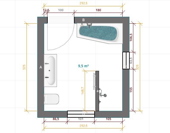 Badezimmer-Grundriss mit Badewanne, Toilette und Waschbecken