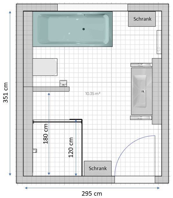 Grundriss eines Badezimmers: Badewanne oben, Waschbereich Mitte, Dusche unten, Schränke rechts.