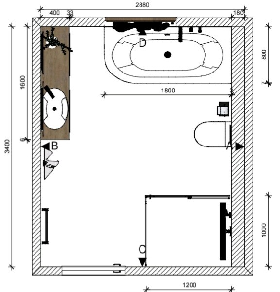 Badezimmer-Grundriss: oben ovale Badewanne, links Waschbecken, rechts Toilette, Tür.