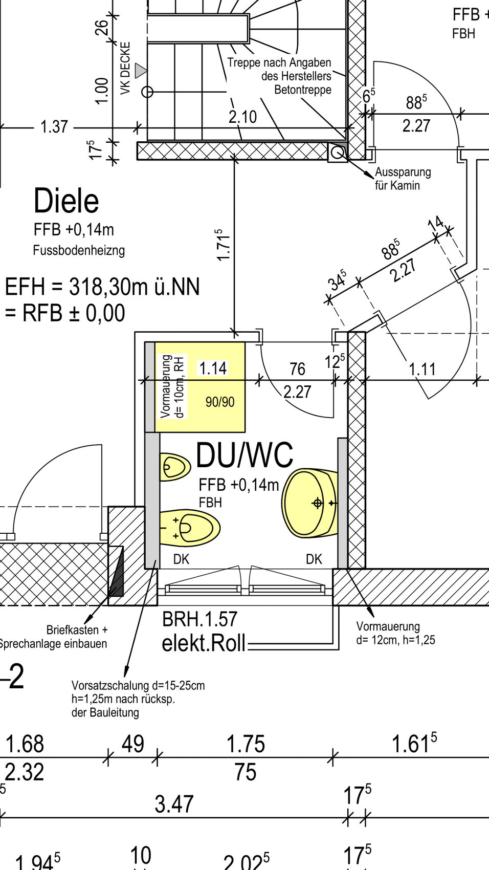 Grundriss eines Badezimmers (DU/WC) mit Toilette, Waschbecken und Tuer.