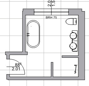 Grundriss eines Badezimmers mit Badewanne, Waschbecken und Tür