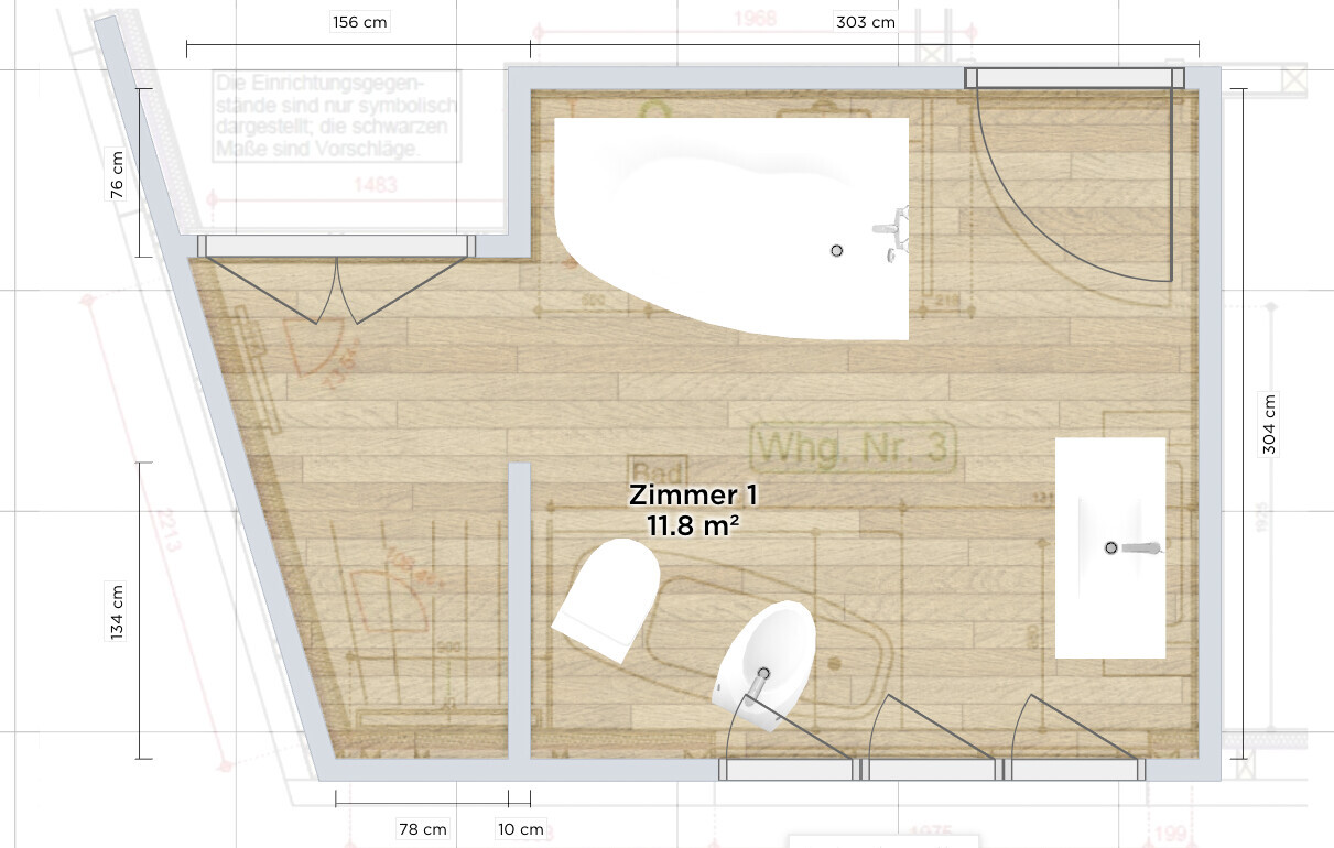 Grundriss von Zimmer 1 (11.8 m²) mit Holzfußboden, Badewanne und Waschbecken.
