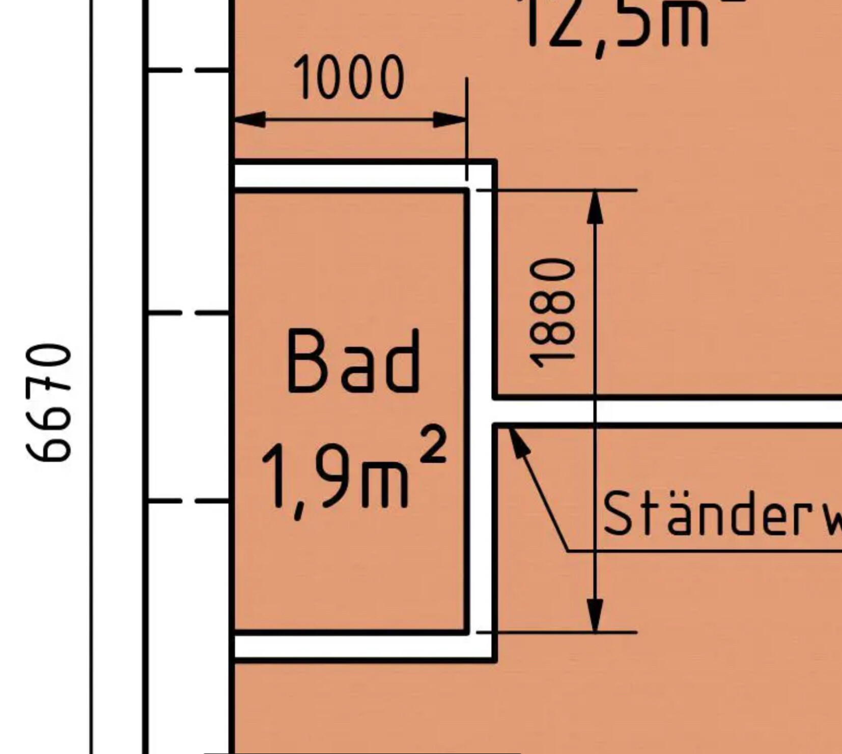 Grundriss eines Badezimmers mit Bad-Fläche 1,9 m², Maßlinien und Ständerwand