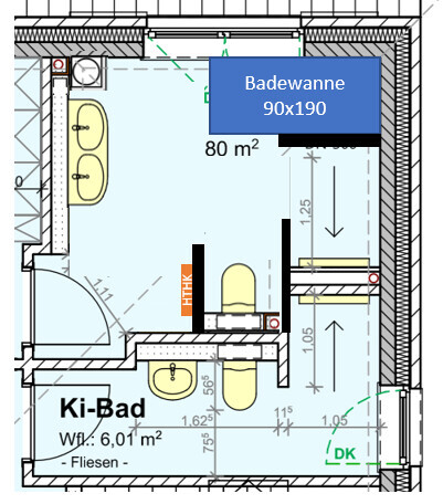 2D Grundriss eines Badezimmers mit Badewanne, Toilette und Waschbecken