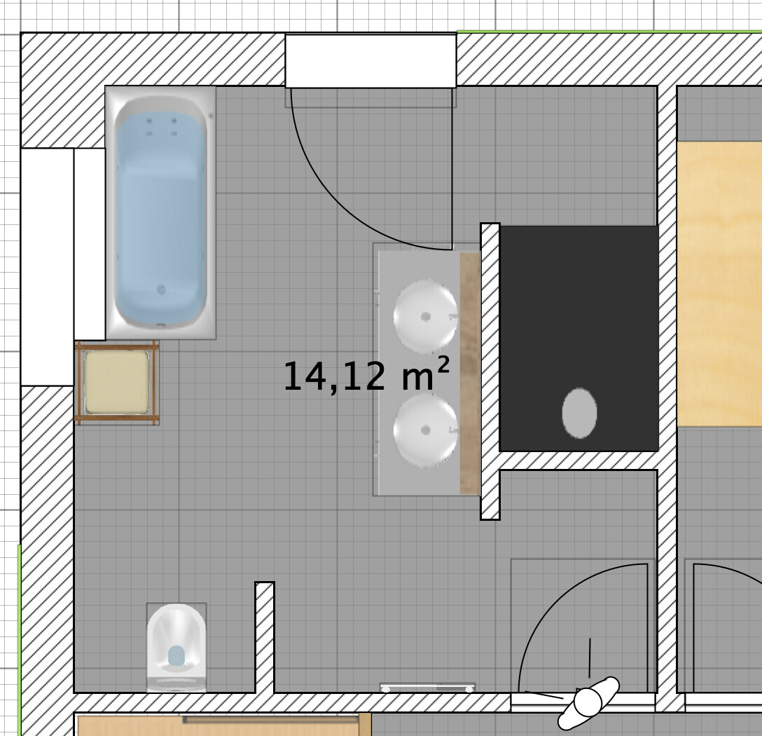 Grundriss eines Badezimmers mit Badewanne links, Doppelwaschbecken rechts, Toilette links, 14,12 m²