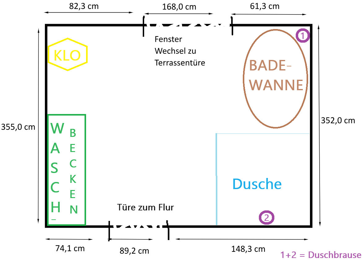 Grundriss eines Badezimmers mit Badewanne, Dusche, Türen und Maßen