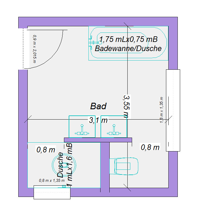 Grundriss eines Badezimmers mit Badewanne/Dusche, Doppelwaschbecken und Toilette.