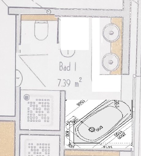Grundriss Bad 1: Badezimmer (7,39 m2) mit Badewanne und Doppelwaschbecken.