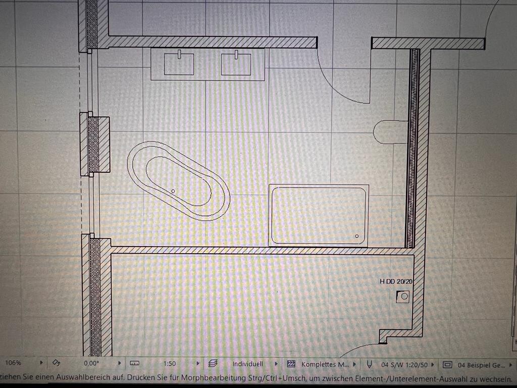 Grundriss eines Badezimmers mit Doppelwaschtisch, ovale Badewanne und Tür rechts.