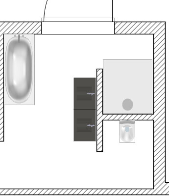 2D-Badgrundriss mit Badewanne links und Waschtisch rechts