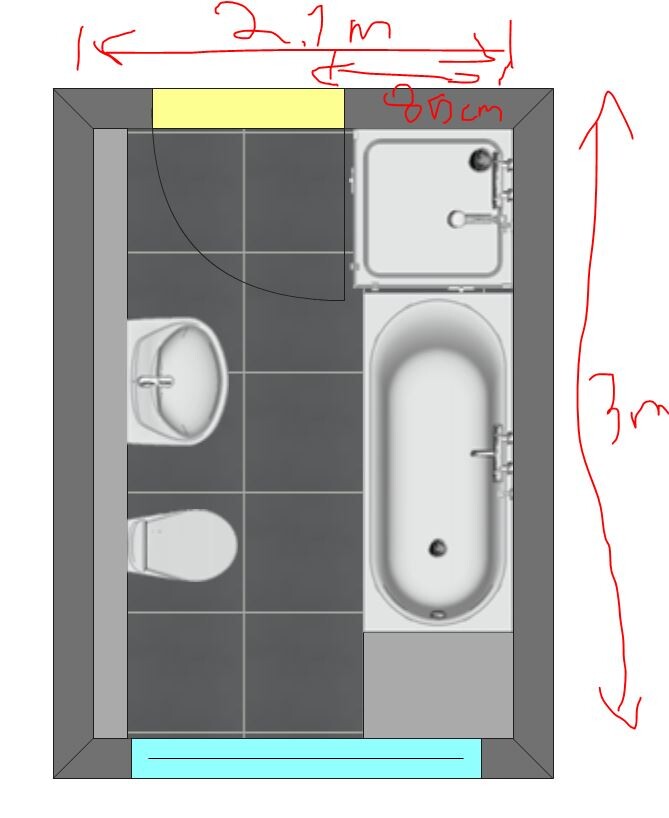 Top-down Badgrundriss mit Badewanne, Toilette und Waschbecken auf Fliesen.