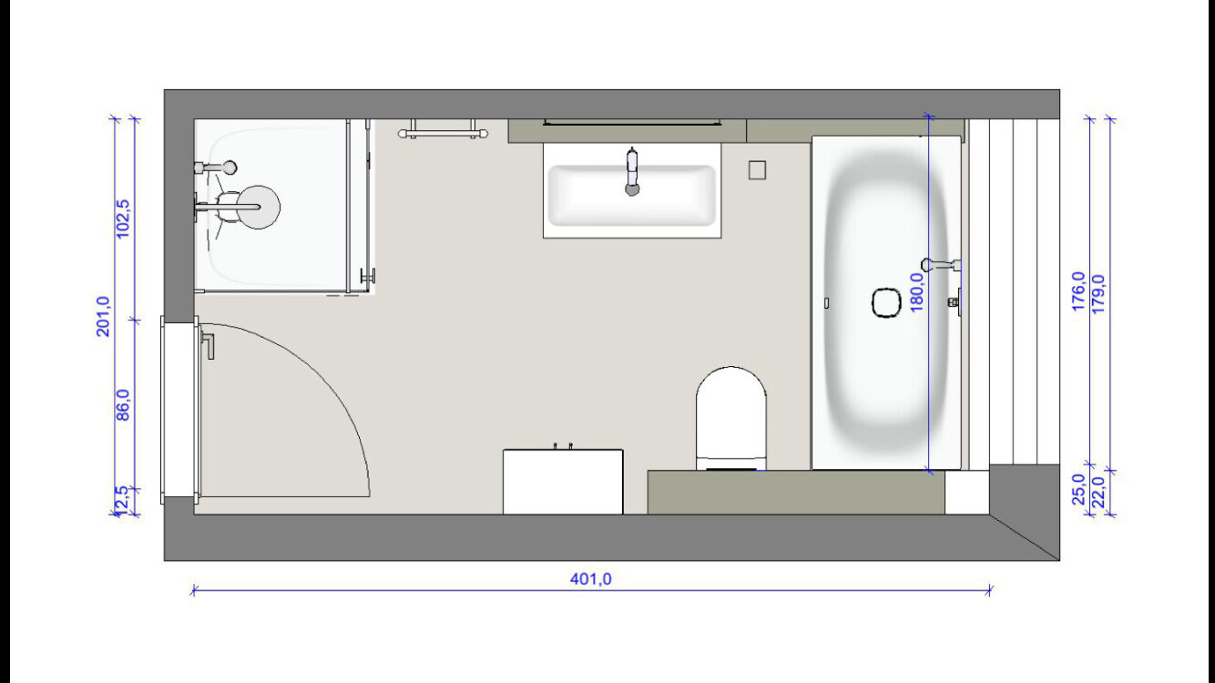 Badezimmer-Grundriss: Dusche links, Waschbecken in der Mitte, Toilette unten rechts, Badewanne rechts.