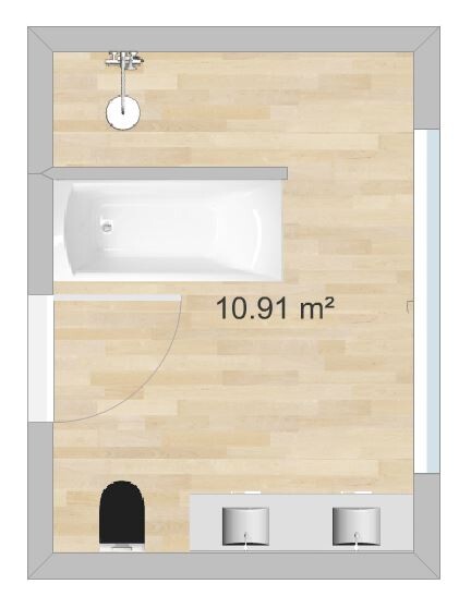 2D-Badgrundriss mit Badewanne, Toilette und zwei Waschtischen, 10,91 m²