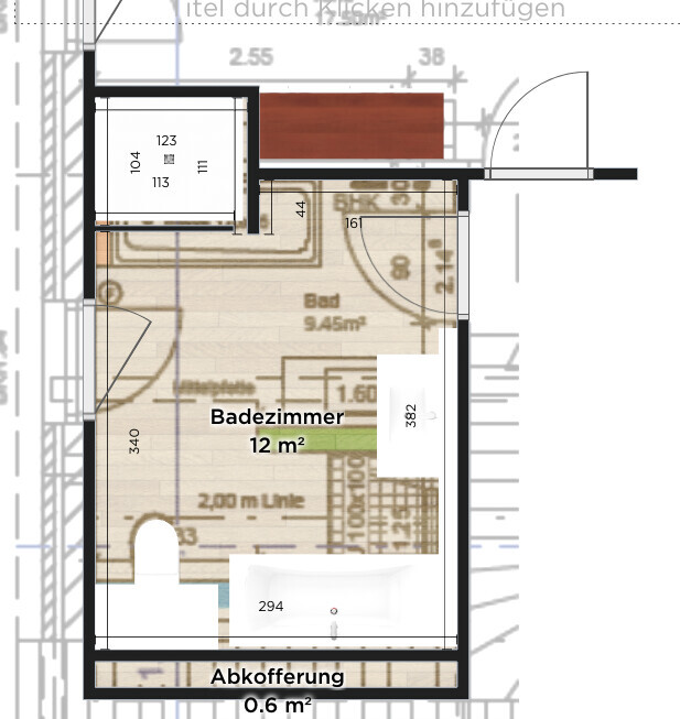 Grundriss eines Badezimmers mit Badewanne und Waschtisch, 12 m²
