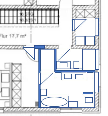 2D-Badgrundriss mit Badewanne, Waschbecken und Flur (blaue Linien).