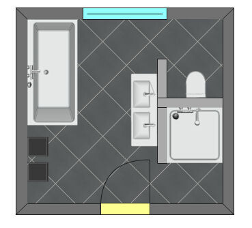2D-Badgrundriss: Badewanne links, Waschbecken, Toilette und Tür.
