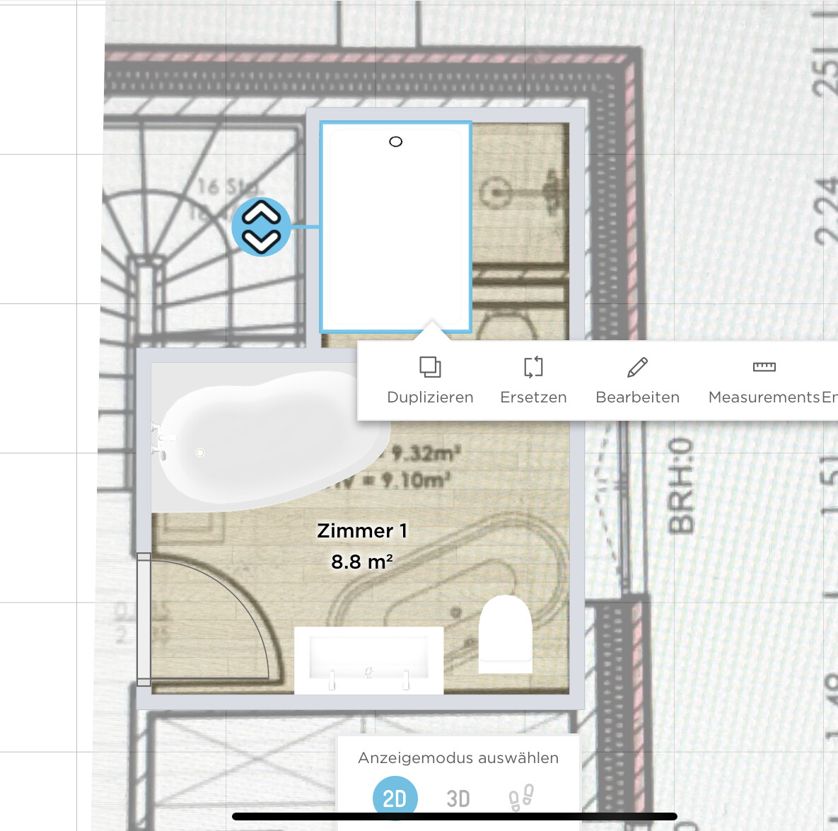 Grundriss: Zimmer 1 (8.8 m²) mit Badewanne links und Türöffnung.