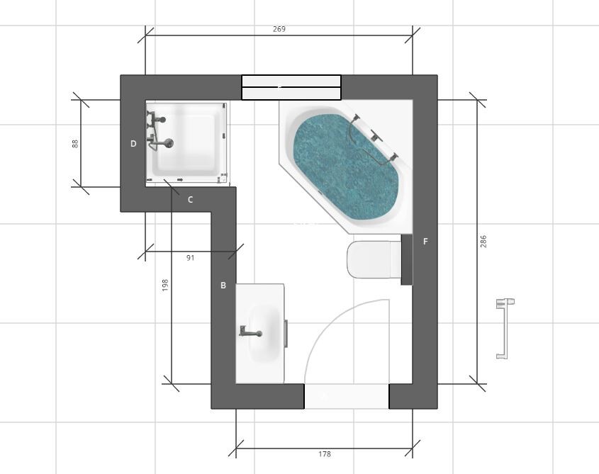 Grundriss eines Badezimmers mit Badewanne, Toilette, zwei Waschbecken und Tür.