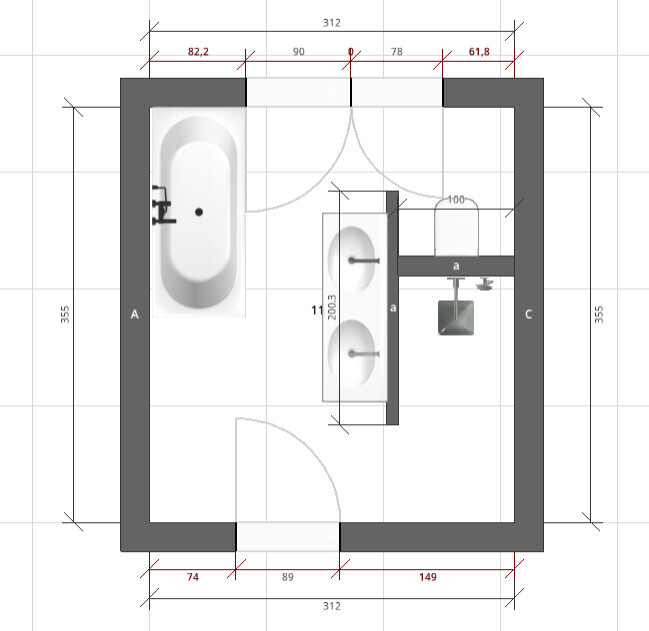 Grundriss eines Badezimmers: links Badewanne, Zentrum Doppelwaschbecken, rechts Dusche, Tür unten.