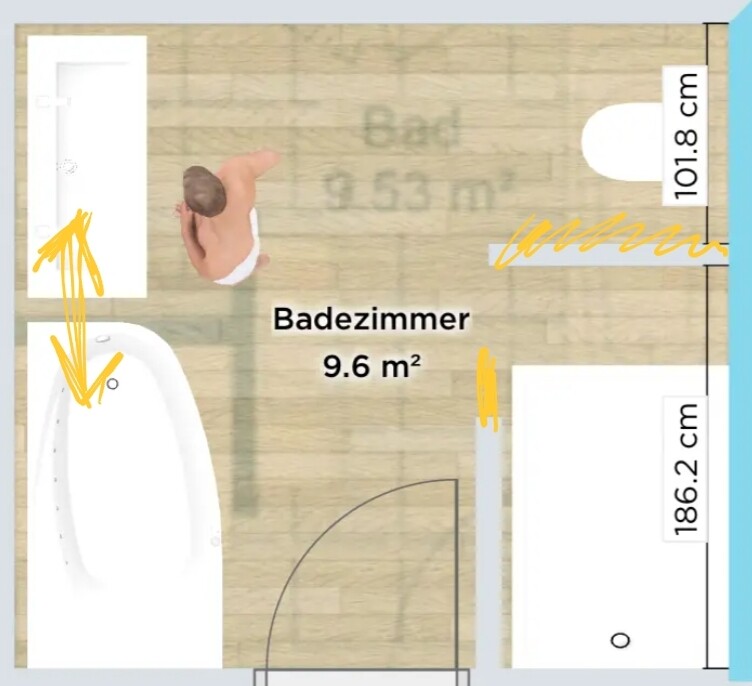 Grundriss eines Badezimmers (9,6 m²) mit Badewanne links, Waschbecken links, Tür unten, stehende Person